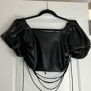 Black leather cap sleeve top